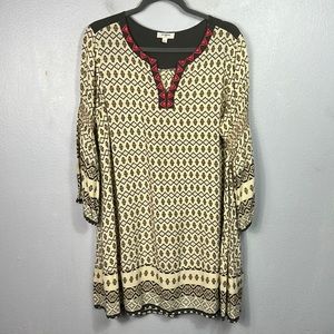 Umgee Printed Embroidered Neckline 3/4 Sleeve Dress Large